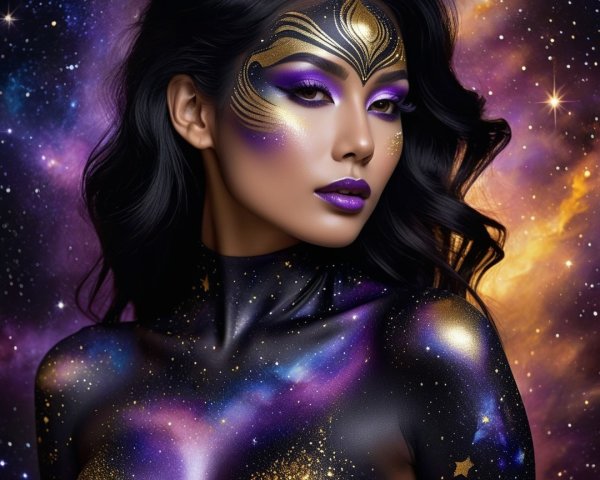 Cosmic Body Paint Portrait with Celestial Theme