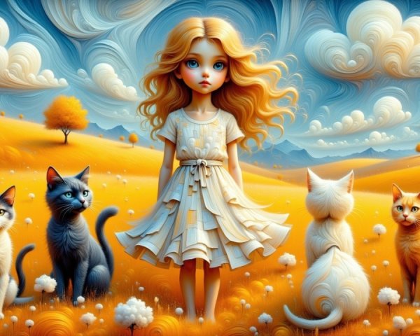 Young girl in golden field with four charming cats