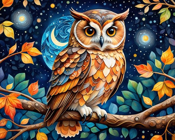 Owl on Branch Amidst Autumn Leaves and Night Sky