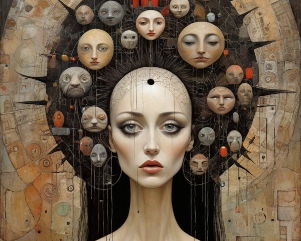 Surreal Artwork with Central Figure and Abstract Faces