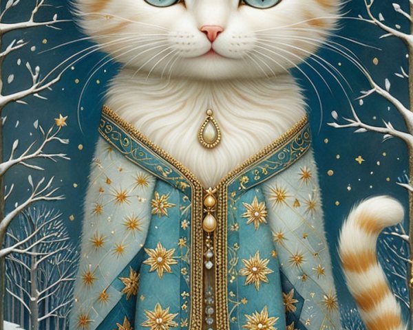 Illustrated Cat in Cloak Against Starry Night Background
