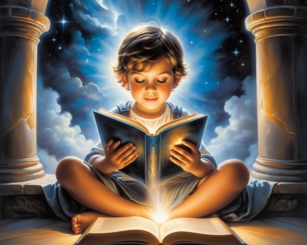 Child immersed in a glowing book under starry sky