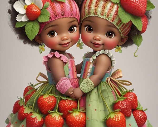 Cartoon Girls in Strawberry Dresses with Cheerful Expressions