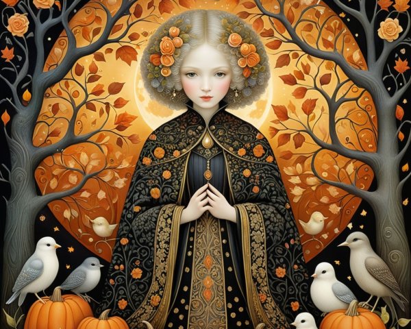 Serene Figure in Black Cloak Amidst Autumn Scene