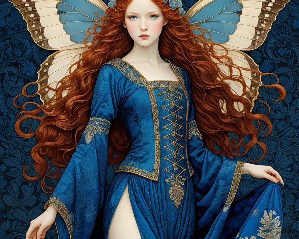 Elegant Woman in Blue Gown with Butterfly Wings