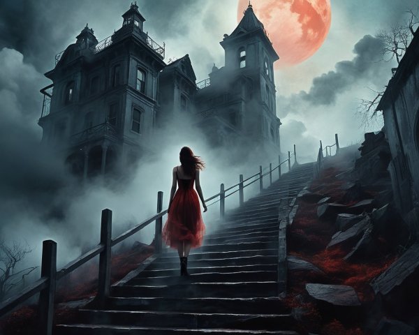 Mysterious figure in red dress approaches gothic mansion