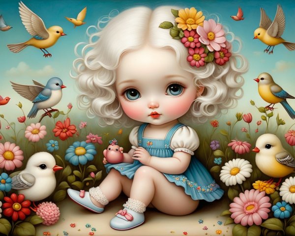 Whimsical Garden Scene with Doll-Like Girl and Birds