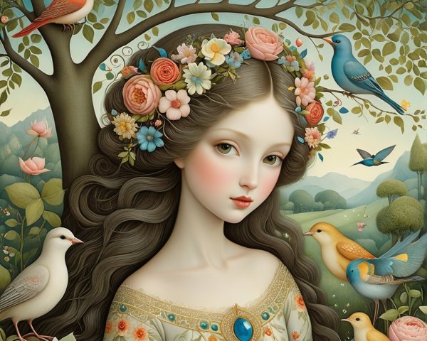 Serene Young Woman with Floral Crown in Nature Setting