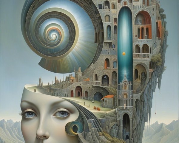 Surreal Scene of Woman's Face Merging with Castle