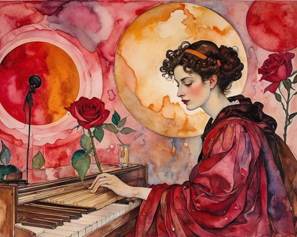 Elegant Woman in Red Robe Playing Grand Piano