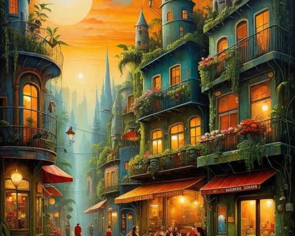 Whimsical street scene with vibrant buildings and greenery