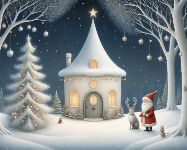 Whimsical Winter Scene with Cottage and Santa