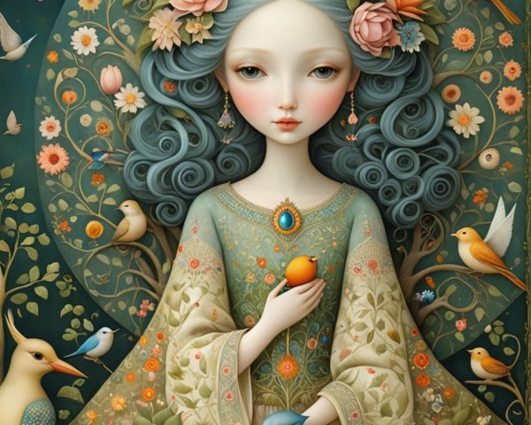Serene Woman with Blue Hair in Floral Surroundings