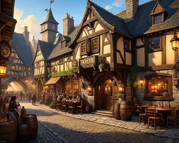 Medieval Tavern Scene with Cobblestone Street and Lanterns