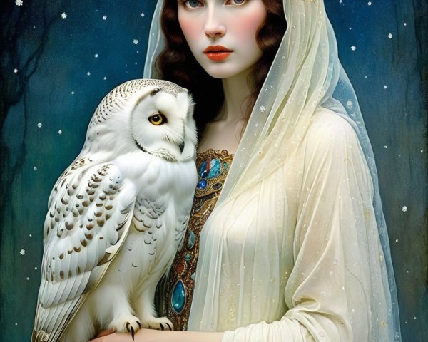Mysterious Figure in White Gown with Snowy Owl