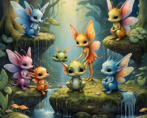 Colorful Fairies in a Lush Forest Setting