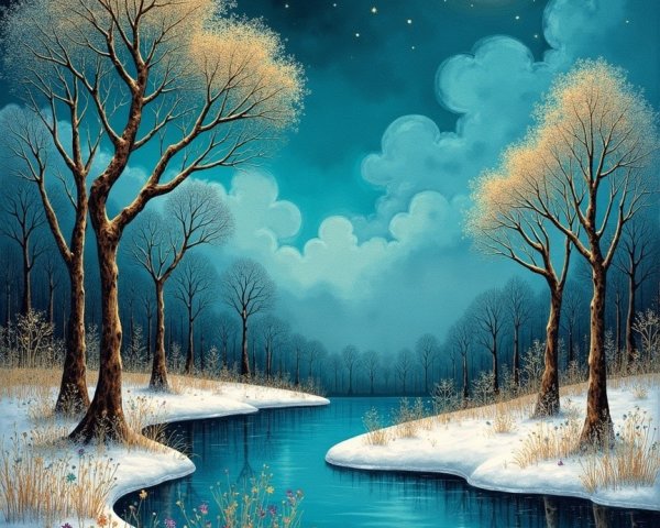 Serene Winter Landscape with River and Frosty Trees