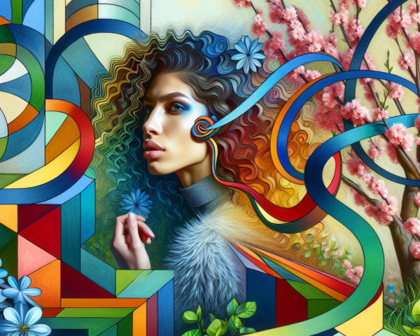 Surreal Artwork of Woman with Curly Hair and Nature Elements