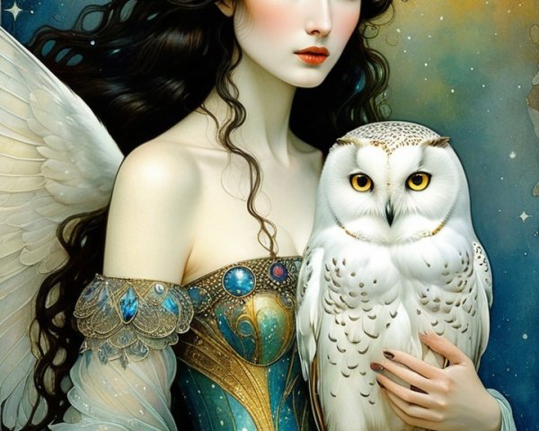 Mystical figure in gown with owl under night sky