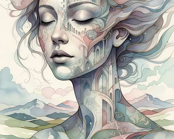 Watercolor Portrait of a Woman with Architectural Elements