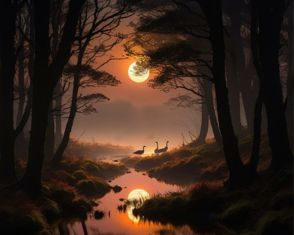 Geese by a Stream Under an Orange Moonlight
