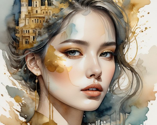 Watercolor Portrait of a Woman with Gold Accents