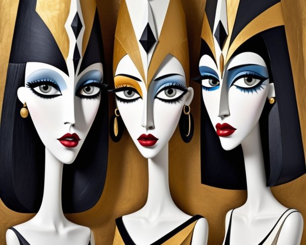 Stylized Female Figures with Black and Gold Headdresses
