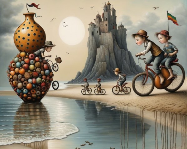 Children Riding Bicycles on a Whimsical Beach Scene