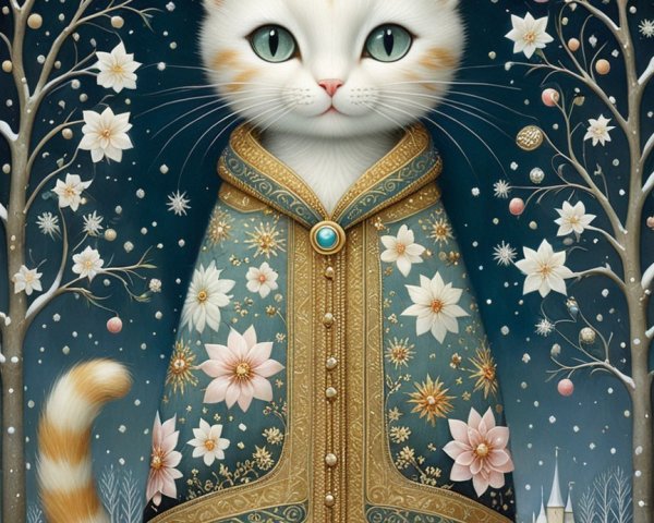 Fluffy Cat in Cloak in Snowy Magical Landscape