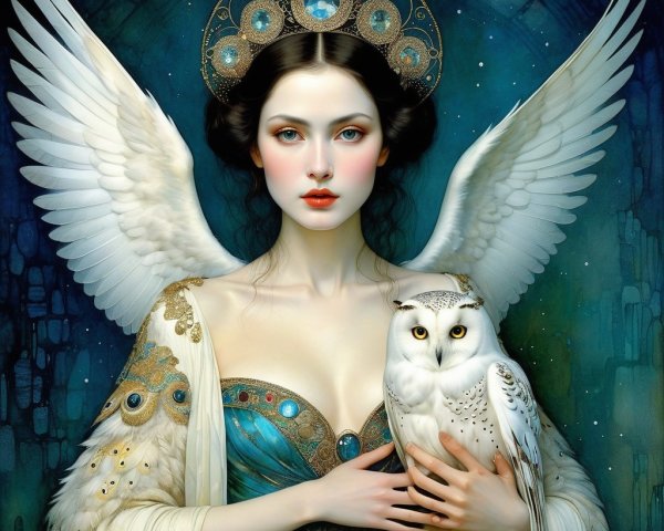 Celestial Figure with Wings and White Owl in Starry Night