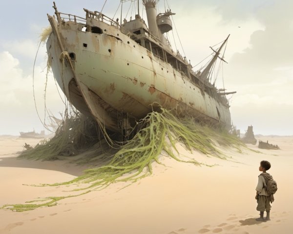 Desert Scene with Rusting Ship and Child's Curiosity
