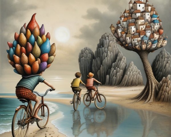 Surreal Beach Landscape with Children on Bicycles