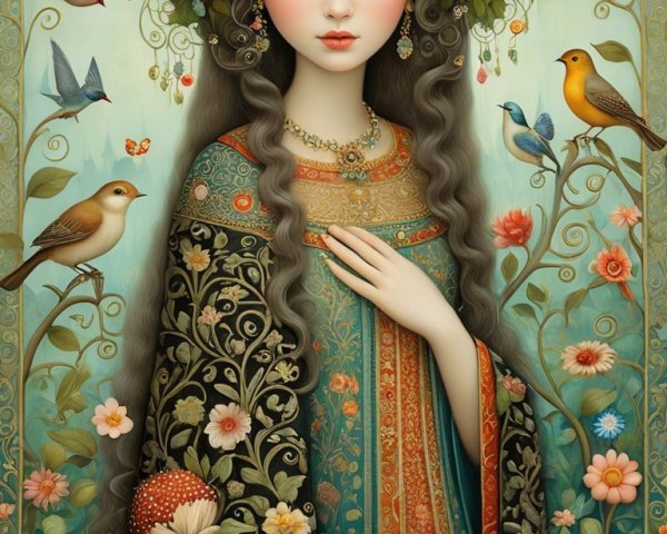 Serene Young Woman in Floral Crown Surrounded by Nature