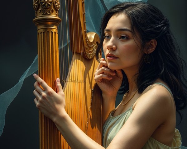 Woman Playing Harp in Serene Atmosphere
