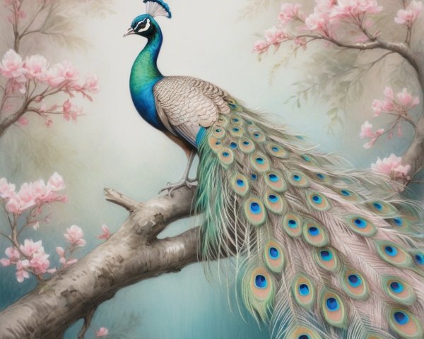 Vibrant Peacock on Branch with Iridescent Feathers