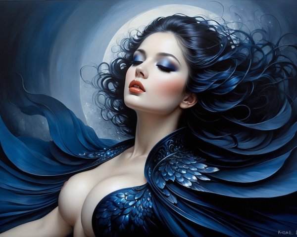 Striking Woman with Dark Hair and Blue Makeup Art