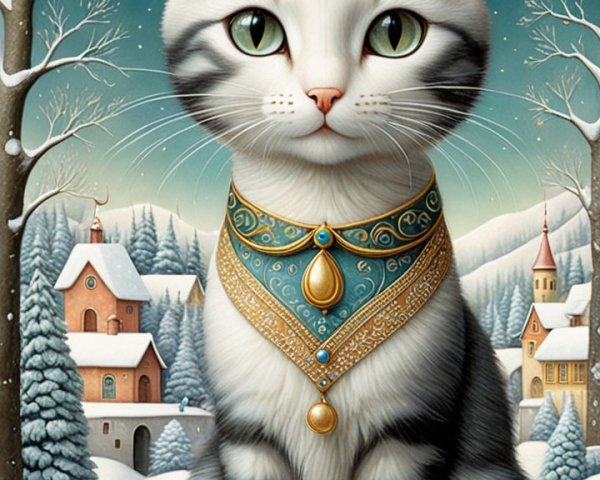 Charming Cat in Snowy Landscape with Starry Sky