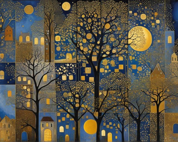 Whimsical Nightscape with Mosaic Panels and Trees