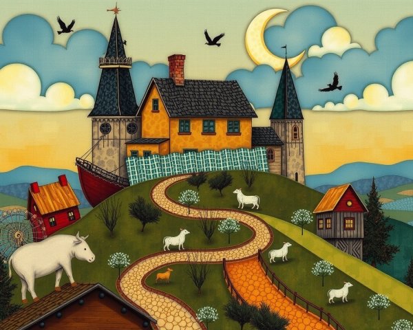Whimsical Landscape with Colorful House and Animals