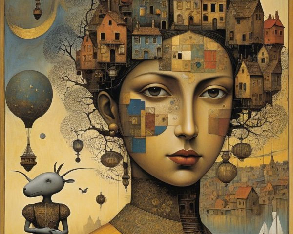 Surreal portrait of a woman with whimsical cityscape crown