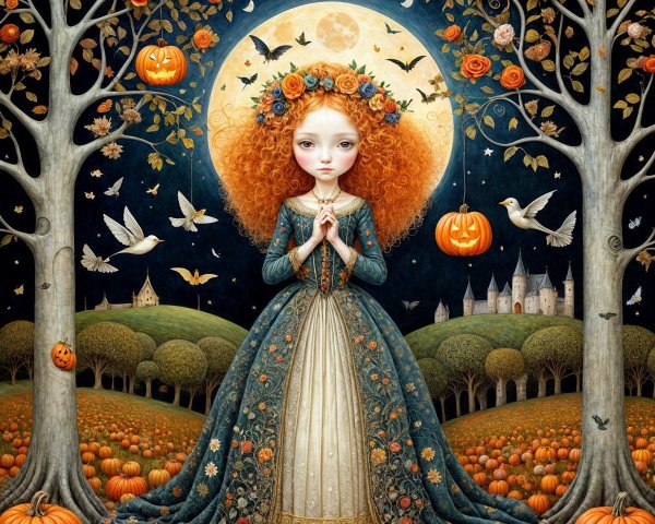 Young girl in autumn landscape with moon and roses