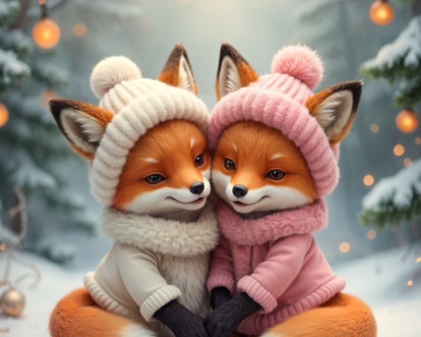 Cartoon foxes in cozy attire in snowy forest setting