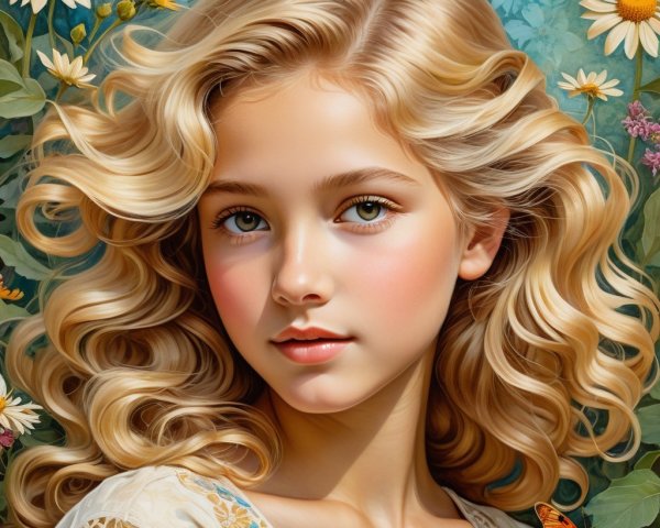 Young girl with blonde curls among vibrant flowers