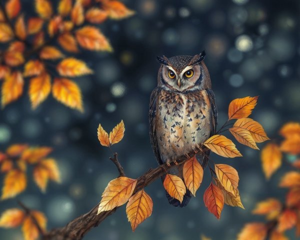 Majestic owl on branch with autumn leaves and bokeh