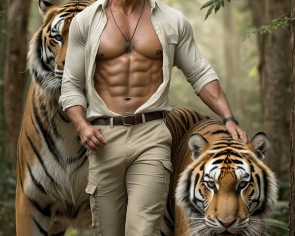 Muscular Man with Tigers in a Dense Forest Setting