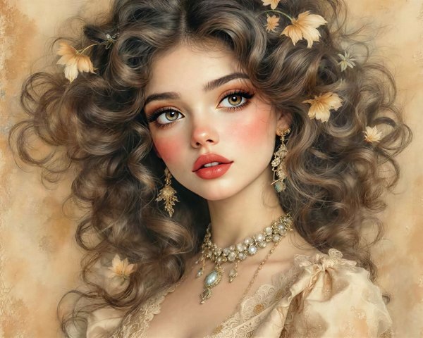 Detailed Digital Painting of Elegant Woman in Cream Dress