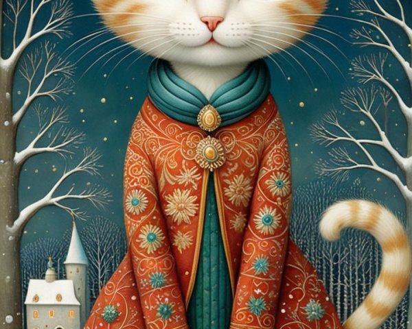 Whimsical Cat Illustration in a Snowy Village Scene