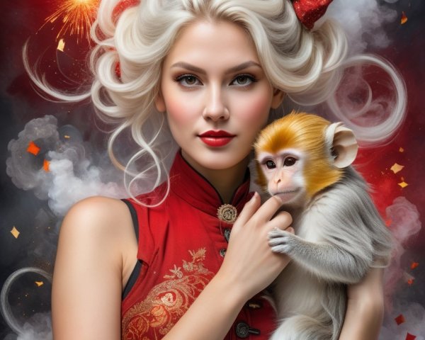 Portrait of a Woman with Blonde Hair and Monkey