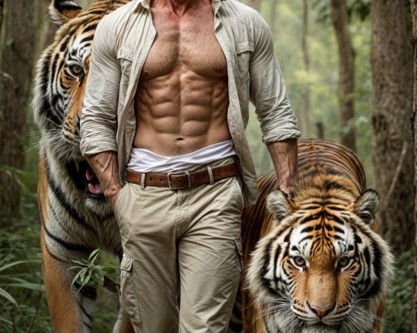 Muscular Man with Silver Hair and Tigers in Forest