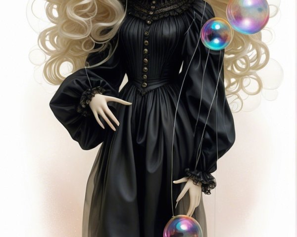 Stylized doll with blonde hair and elegant black dress